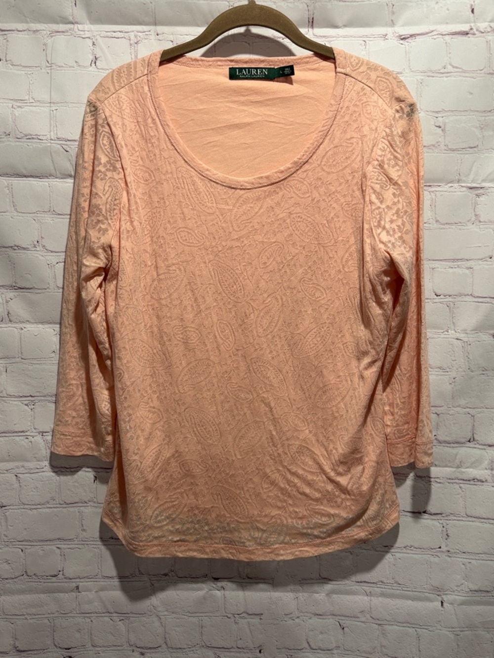 Lauren Ralph Lauren Peach Textured 3/4 Sleeve‎ Top Woman’s Size Large